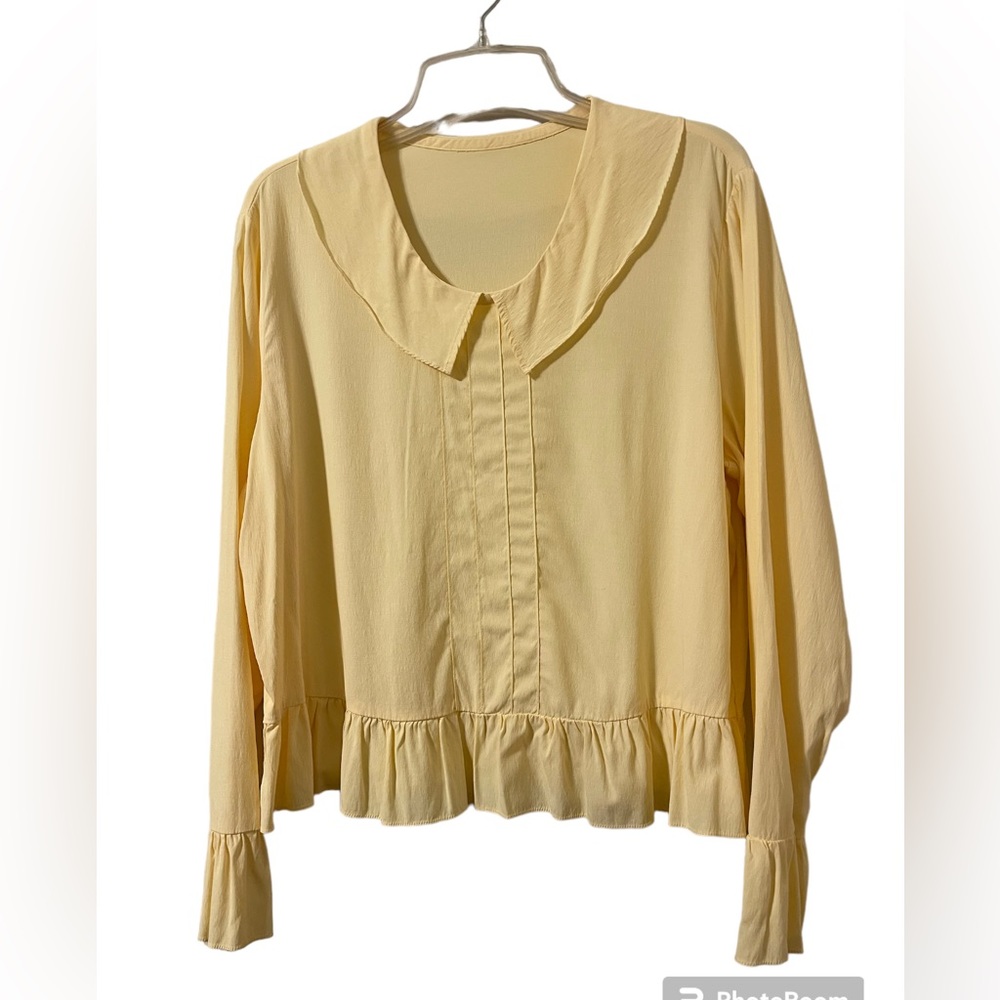 Flax vintage Rayon Top Women’s Sz M (10-14) Long Sleeve Ruffle Pull On Collared